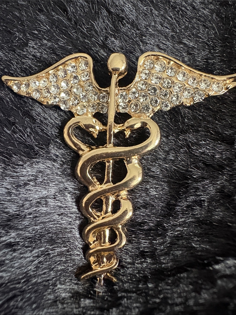Gold Caduceus Medical Brooch with Clear Crystal Wings